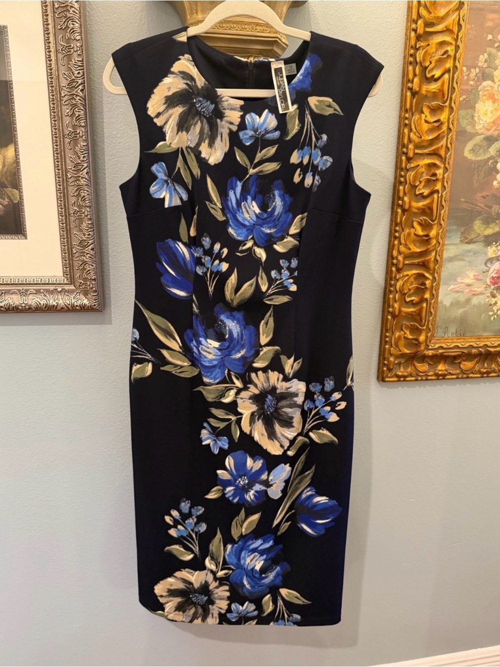 Julian Taylor Navy Midi Dress with Blue and Cream Floral Print